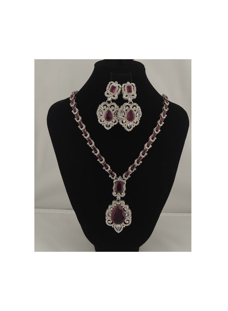 NATHNI Burgundy Red with Silver-Tone Necklace &Earrings American stone - Image 2